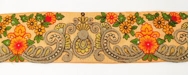 Peach Art Silk Fabric Trim With Orange, Green, Red And Gold Floral Embroidery